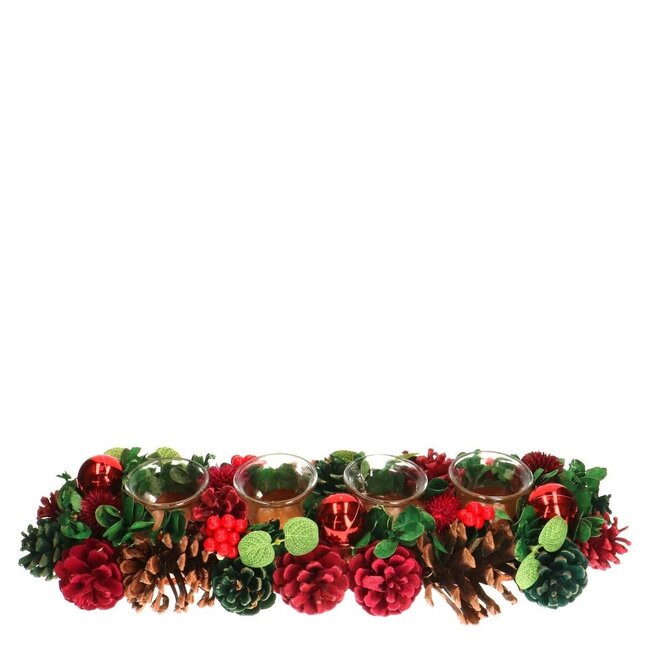 Tea light holder with Red and Green Pine Cones | Colour: Mixed Colours | Christmas Decoration | Length 44 centimetre | Width 15 centimetre | Height 8 centimetre | Per tea light holder