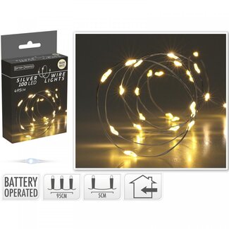 4A Warm White LED Light String Wire on batteries | Colour: Silver | Christmas Decoration | 100 LED Bulbs | excluding batteries | Length 5 metre | Per light string