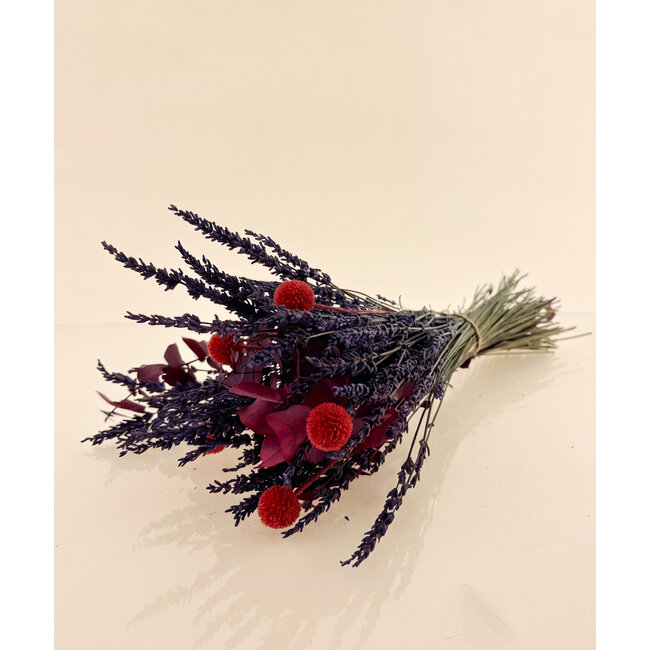 Bouquet de fleurs séchées "Spécialement pour toi" | Longueur ± 35 centimètres | Avec eucalyptus séché, lavande et craspédias rouges