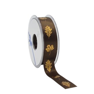 4A Ruban avec feuilles d’automne dorées | Couleur : Brun foncé | Largeur 23 millimètre | Longueur 25 mètre | Par rouleau