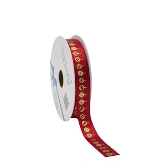 4A Ruban satiné "Balls" | Couleur : Rouge | Décoration de Noël | Largeur 15 millimètres | Longueur 25 mètres | Par rouleau