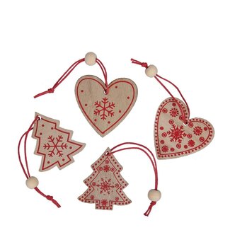 4A Suspension de Noël en bois assortie | Couleur : Rouge | Décoration de Noël | Diamètre 5 centimètres | Par 20 suspensions