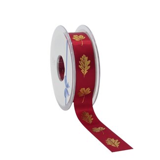 4A Ruban avec feuilles d’automne dorées | Couleur : Rouge | Largeur 23 millimètres | Longueur 25 mètres | Par rouleau