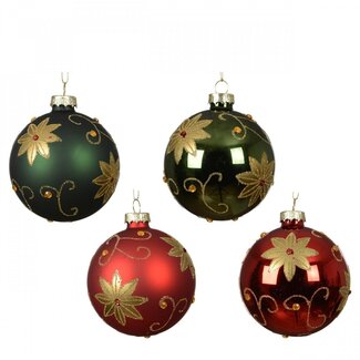 4A Glas-Weihnachtskugeln Blumenmotiv Sortiert | Farbe: Gemischte Farben | Weihnachtsdekoration | Durchmesser 8 Zentimeter | Pro 12 Weihnachtskugeln