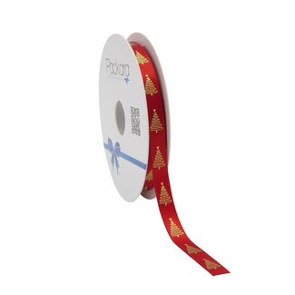 4A Satiniertes Band mit Weihnachtsbaumdruck | Farbe: Rot-Gold | Weihnachtsdekoration | Breite 10 Millimeter | Länge 20 Meter | Pro Rolle