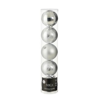 4A Boules de Noël en plastique | Couleur : Argent | Décoration de Noël | Diamètre 15 centimeter | Par 5 boules de Noël