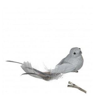 4A Vogel mit Glitter und Clip | Farbe: Grau | Weihnachtsdekoration | Länge 16 Zentimeter | Pro 4 Vögel