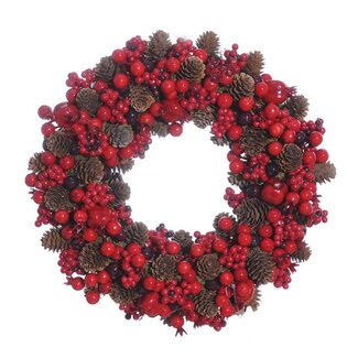 4A Couronne de pommes de pin et baies | Couleur : Rouge | Décoration de Noël | Diamètre 34 centimètres | Par couronne