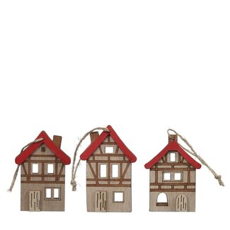 4A Suspension Maison en bois | Couleur : Rouge | Décoration de Noël | Longueur 5.5 centimètre | Hauteur 8.5 centimètre | Par 3 suspensions