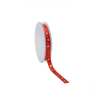 4A Band mit goldenen Sternen | Farbe: Rot | Weihnachtsdekoration | Breite 10 Millimeter | Länge 25 Meter | Pro Rolle