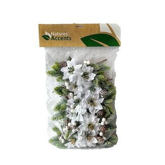 4A Pic de poinsettia | Couleur : Blanc naturel | Décoration de Noël | Longueur du pic ± 15 centimètre | Diamètre de la fleur 7 centimètre | Par 12 pics