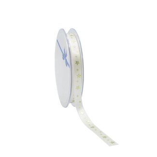 4A Ruban avec étoiles dorées | Couleur : Blanc ivoire | Décoration de Noël | Largeur 10 millimètres | Longueur 25 mètres | Par rouleau