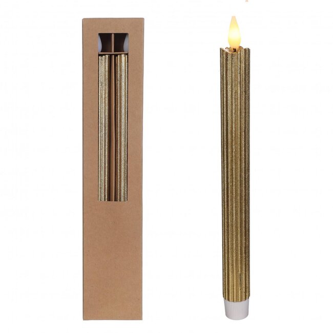 LED Taper Candle | Colour: Gold | Diameter 2.1 centimetre | Length 25 centimetre | AAA batteries not included | Per 2 candles
