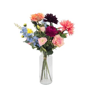 MyFlowers Kunstblumenstrauß „Colorful Palette“ | Länge ± 60 Zentimeter | Mit rosa Kunstrosen und gelben und blauen Kunstblumen | Pro Strauß