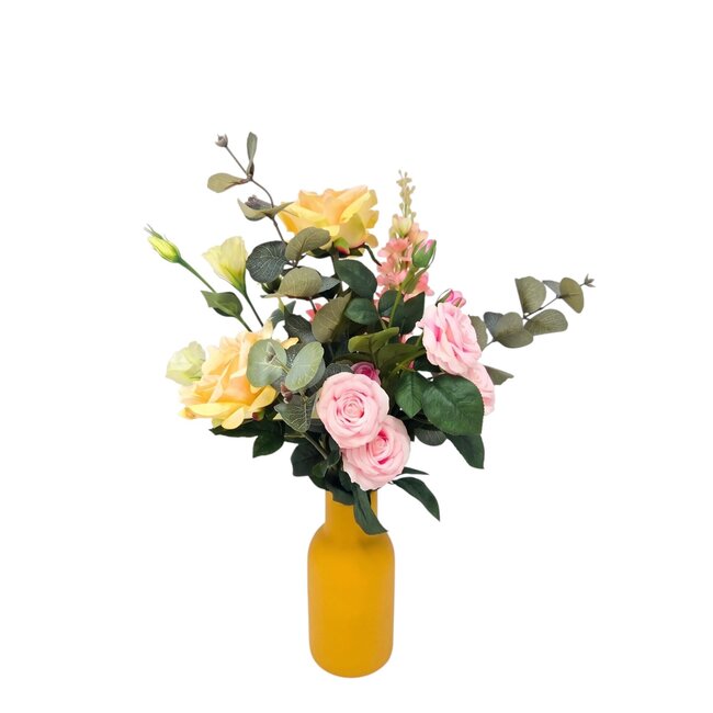 Bouquet de fleurs artificielles “Summer Joy” | Longueur ± 60 centimètres | Vase inclus | Avec des roses artificielles jaunes et roses | Par bouquet