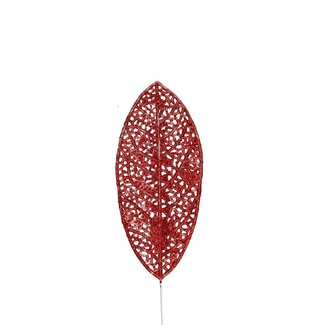 4A Glitter Blad Kerst Bijsteker | Kleur: Rood | Kerstdecoratie | Lengte blad 14 centimeter | Breedte 6 centimeter | Lengte bijsteker ± 10 centimeter | Per 25 bijstekers