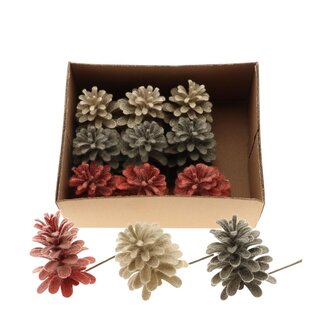 4A Pine Cone Pick | Colour: Mixed Colours | Christmas decoration | Length 9 centimetres | Per 12 picks