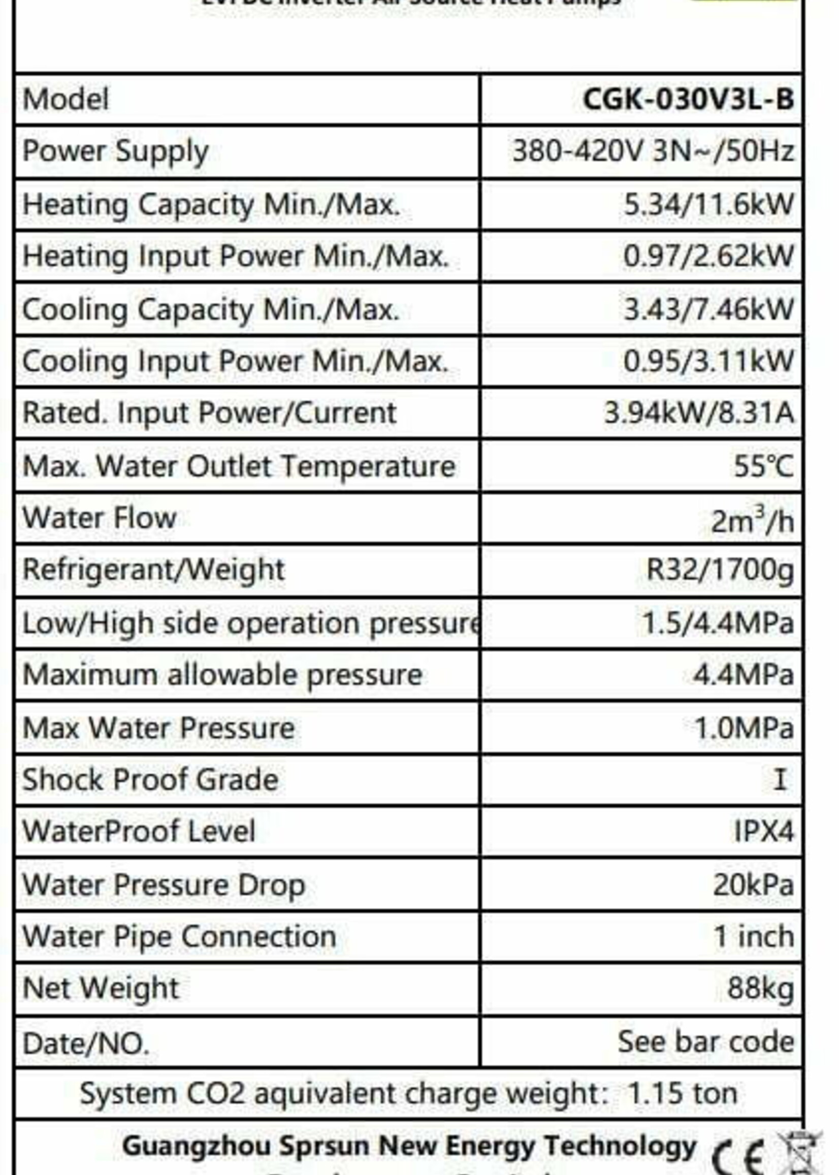 SPRSUN SPRSUN Wärmepumpe CGK-030V3L-B SERIE (12kW) Monoblock-Wärmepumpe