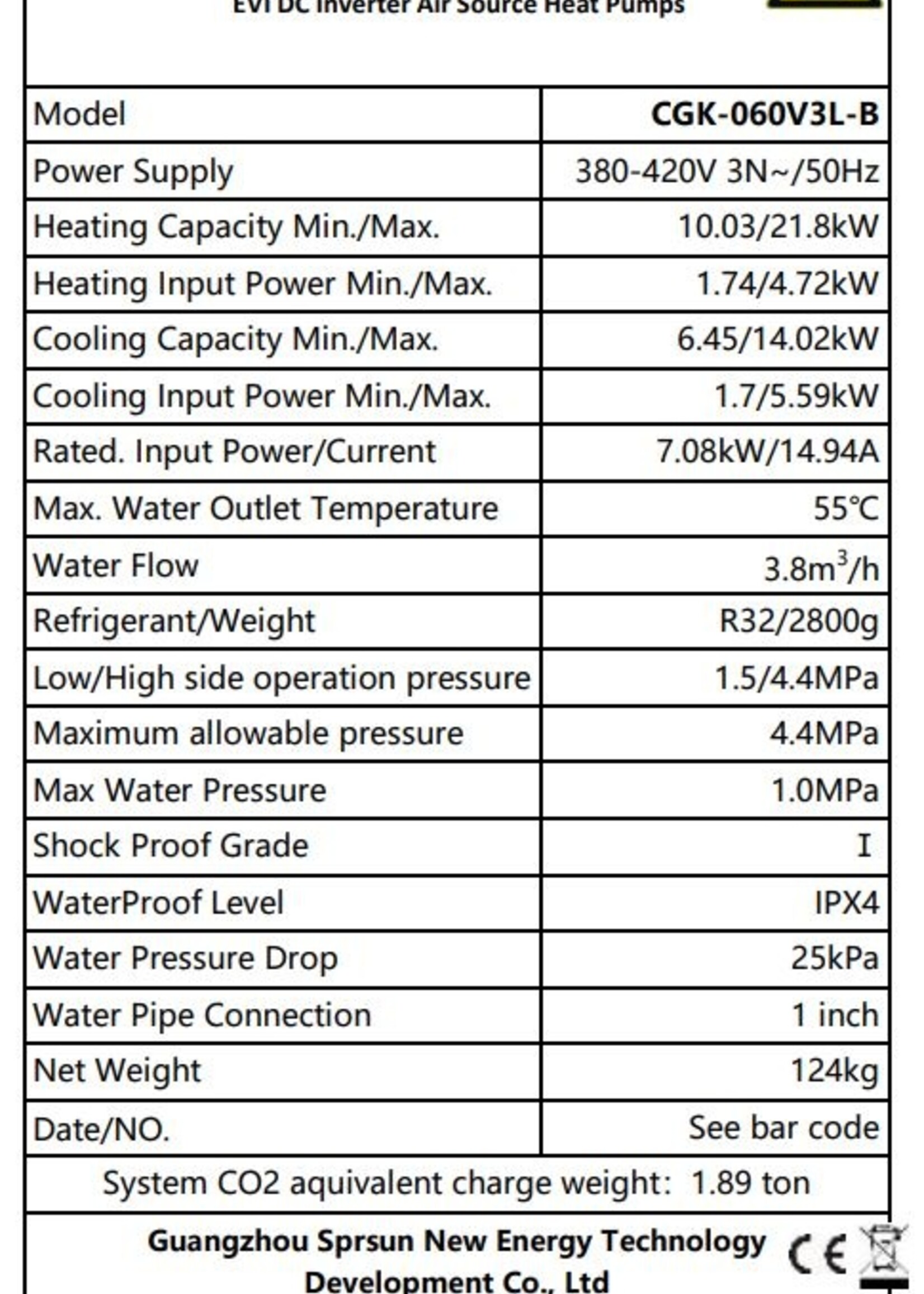 SPRSUN SPRSUN Heat Pump CGK-060V3L-B SERIES (22 kW) EVI Air/Water Monoblock