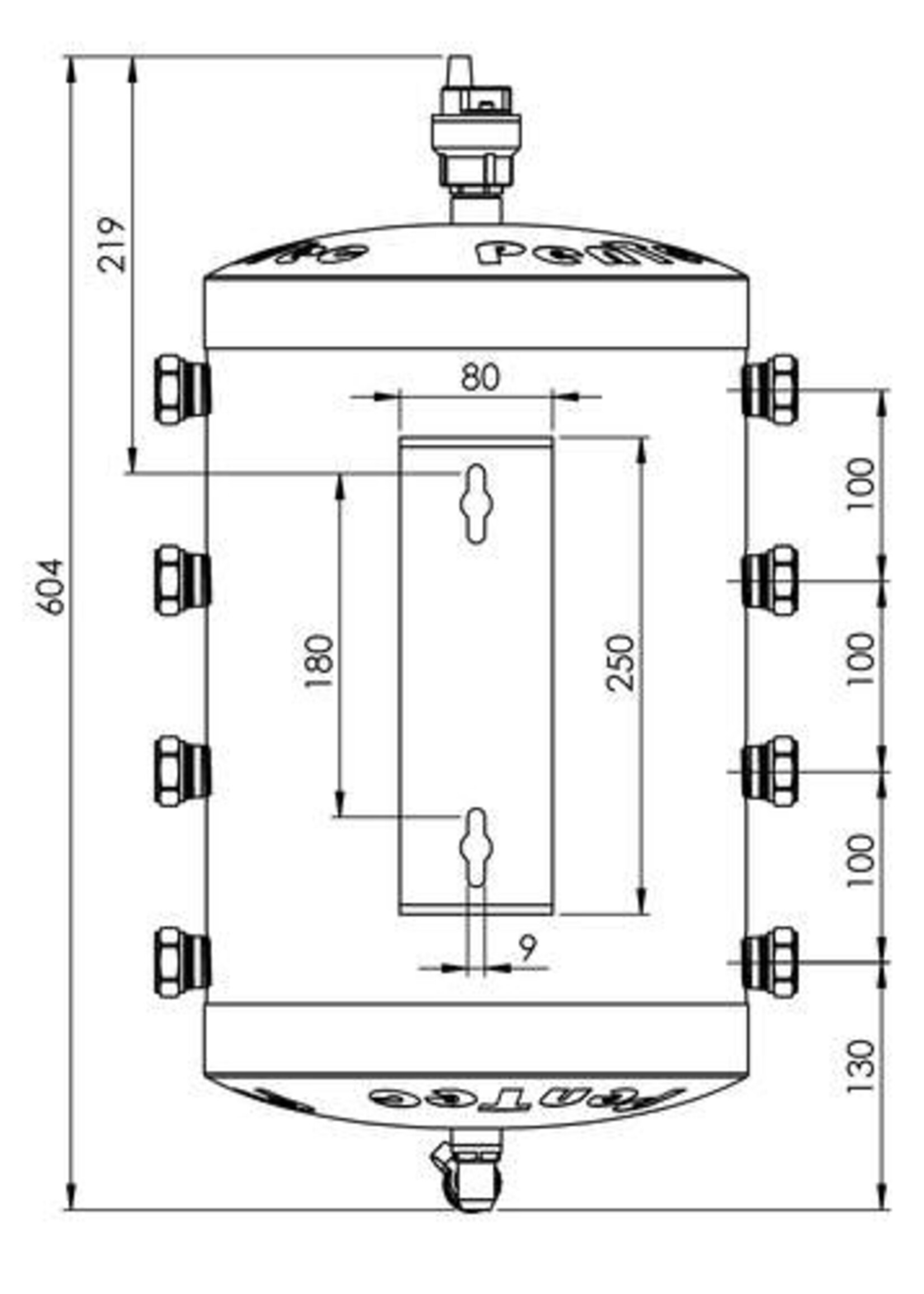 Pentec Pentec Hybride Verteiler Edelstahl 25-22, isolierter Edelstahl-Pufferspeicher mit offenem Verteiler, 25 Liter, 8x 22mm, bis 5 kW, inkl. Ablasshahn, Schwimmerentlüfter und Wandhalterung