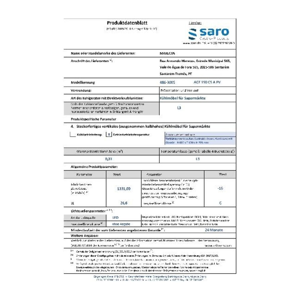 Saro Freezer model ace 150 cs a pv | 486-3005 Saro Freezer model ace 150 cs a pv | 486-3005