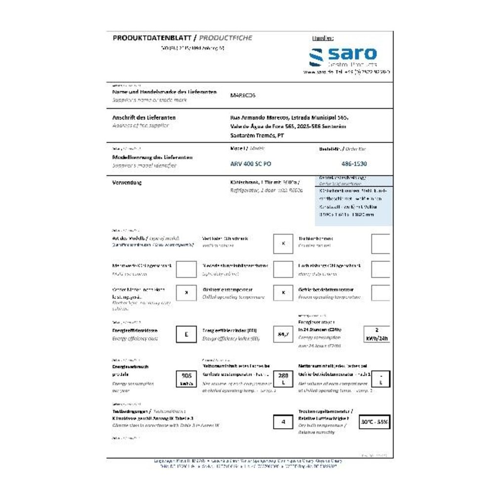 Saro Koelkast model arv 400 cs po | 486-1530 Saro Koelkast model arv 400 cs po | 486-1530