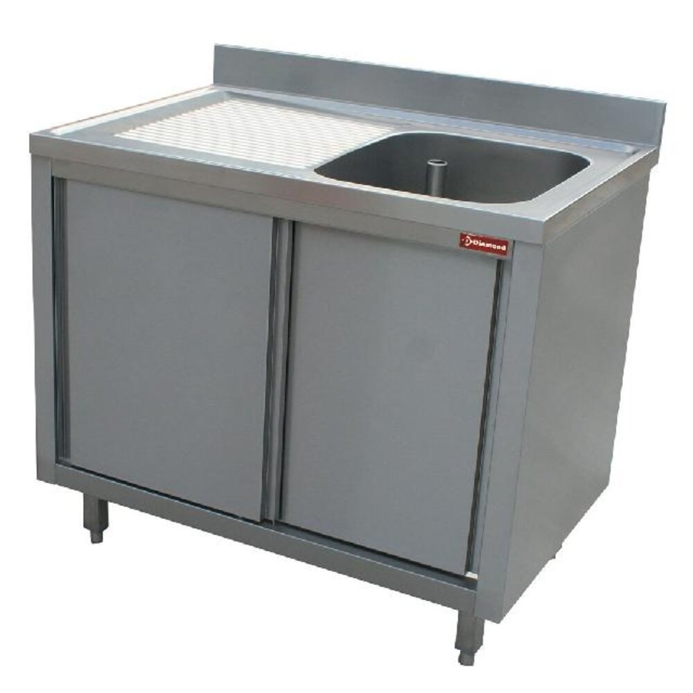 Diamond Spoeltafel 1 kuip 600x500xh275, links druipvlak op kast met 2 schuifdeuren | L1411S-AS Diamond Spoeltafel 1 kuip 600x500xh275, links druipvlak op kast met 2 schuifdeuren | L1411S-AS