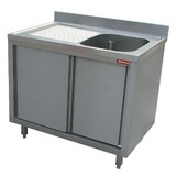 Diamond Spoeltafel 1 kuip 600x500xh275, links druipvlak op kast met 2 schuifdeuren