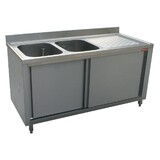 Diamond Spoeltafel 2 kuipen 500x500xh325, rechts druipvlak op kast met 2 schuifdeuren