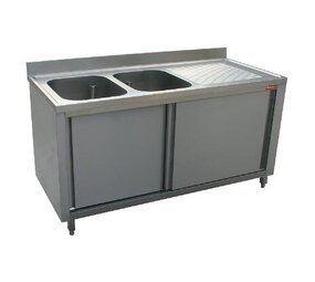 Diamond Spoeltafel 2 kuipen 600x500xh325, rechts druipvlak op kast met 2 schuifdeuren Diamond Spoeltafel 2 kuipen 600x500xh325, rechts druipvlak op kast met 2 schuifdeuren