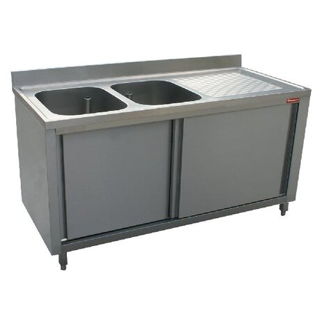 Diamond Spoeltafel 2 kuipen 600x500xh325, rechts druipvlak op kast met 2 schuifdeuren | L2021D-AS Diamond Spoeltafel 2 kuipen 600x500xh325, rechts druipvlak op kast met 2 schuifdeuren | L2021D-AS