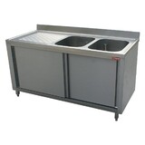 Diamond Spoeltafel 2 kuipen 600x500xh325, links druipvlak op kast met 2 schuifdeuren
