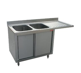 Diamond Spoeltafel met 2 kuipen  400x500x275 rechts druipvlak op kast met 2 schuifdeuren en nis voor vaatwasser Diamond Spoeltafel met 2 kuipen  400x500x275 rechts druipvlak op kast met 2 schuifdeuren en nis voor vaatwasser