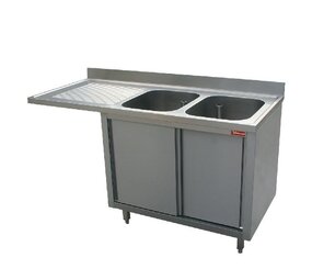 Diamond Spoeltafel met 2 kuipen  400x500x275 links druipvlak op kast met 2 schuifdeuren en nis voor vaatwasser Diamond Spoeltafel met 2 kuipen  400x500x275 links druipvlak op kast met 2 schuifdeuren en nis voor vaatwasser