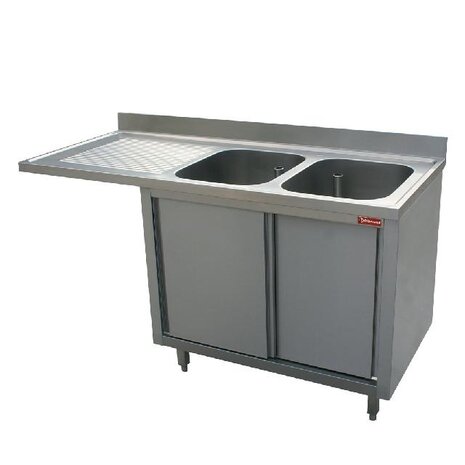 Diamond Spoeltafel met 2 kuipen  400x500x275 links druipvlak op kast met 2 schuifdeuren en nis voor vaatwasser | L1621VS-AS Diamond Spoeltafel met 2 kuipen  400x500x275 links druipvlak op kast met 2 schuifdeuren en nis voor vaatwasser | L1621VS-AS