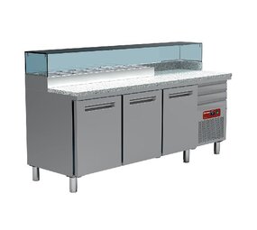 Diamond Pizzeria koeltafel, 3 deuren en 600x400, 3 neutrale laden en 600x400, gekoelde structuur 8x gn ¼ Diamond Pizzeria koeltafel, 3 deuren en 600x400, 3 neutrale laden en 600x400, gekoelde structuur 8x gn ¼