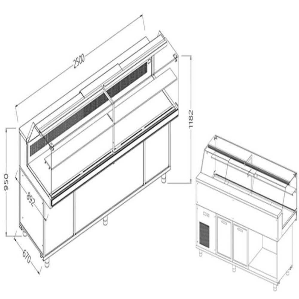 Diamond Statische gekoelde toonbankvitrine voor snacks met reserve _lage ruiten, met groep | SB25X/R2