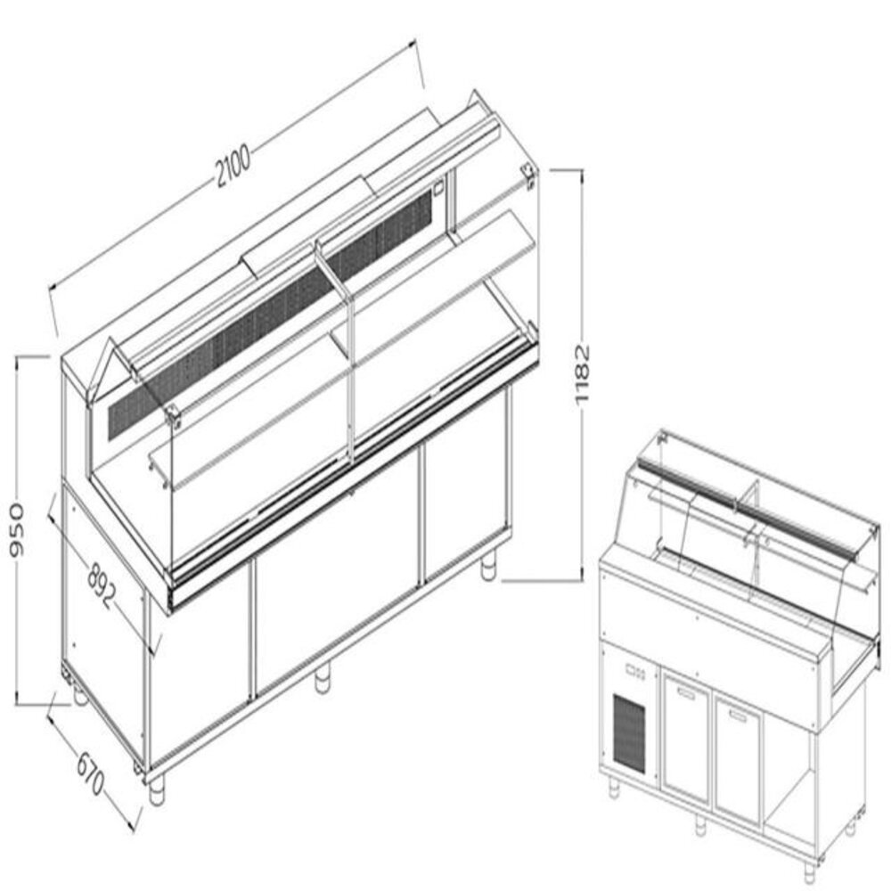 Diamond Statische gekoelde toonbankvitrine voor snacks_lage ruiten, groep op afstand, met reserve | SB21XR/R2