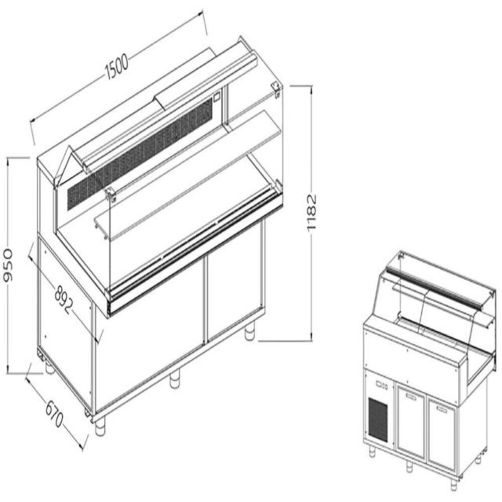 Diamond Statische gekoelde toonbankvitrine voor snacks_lage ruiten, groep op afstand, met reserve | SB15XR/R