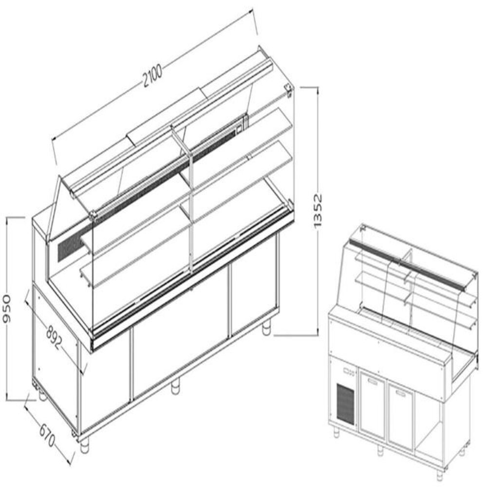 Diamond Statische gekoelde toonbankvitrine voor snacks met reserve _hoge ruiten, met groep | SA21X/R2