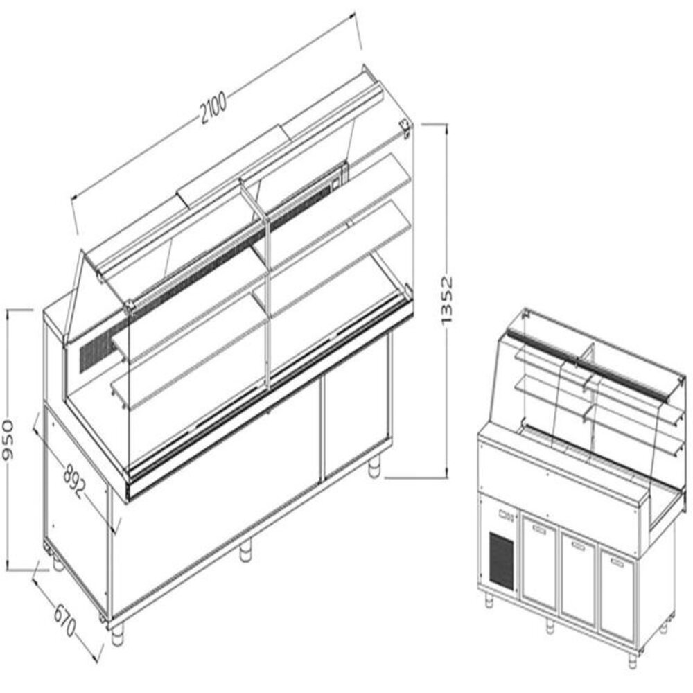 Diamond Statische gekoelde toonbankvitrine voor snacks met reserve _hoge ruiten, met groep | SA21X/R