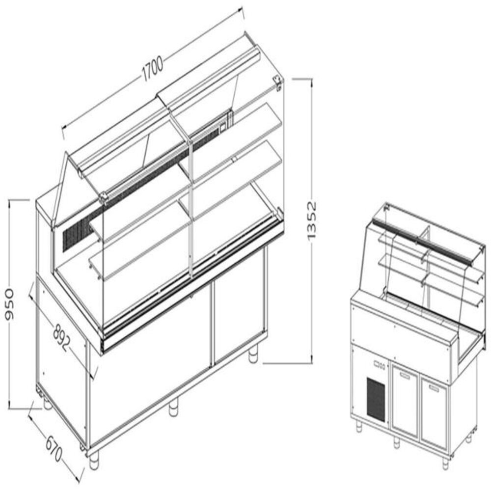 Diamond Statische gekoelde toonbankvitrine voor snacks met reserve _hoge ruiten, met groep | SA17X/R Diamond Statische gekoelde toonbankvitrine voor snacks met reserve _hoge ruiten, met groep | SA17X/R