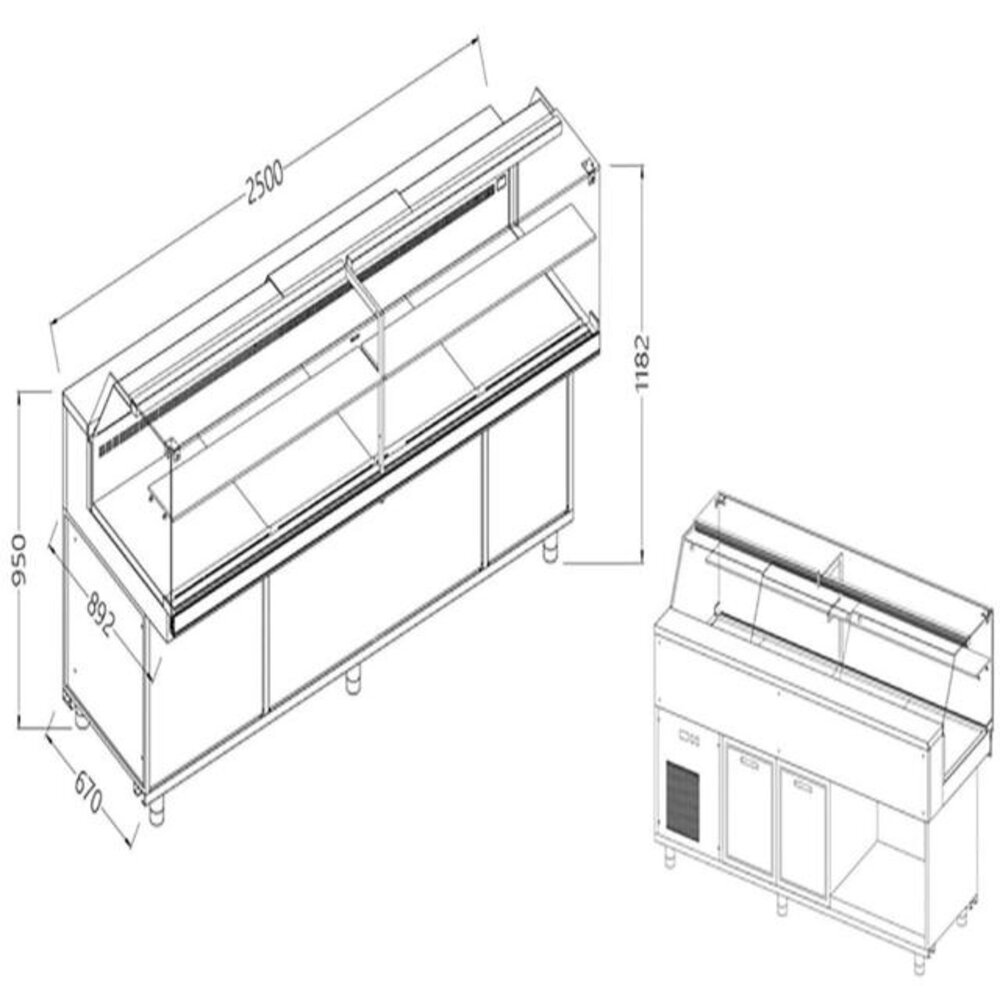 Diamond Geventileerde gekoelde vitrines voor snacks_lage ruiten, groep op afstand, met reserve | VB25XR/R2