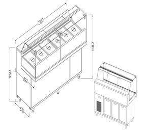 Diamond Toonbank vitrine snack saladette met reserve _lage ruiten, met groep