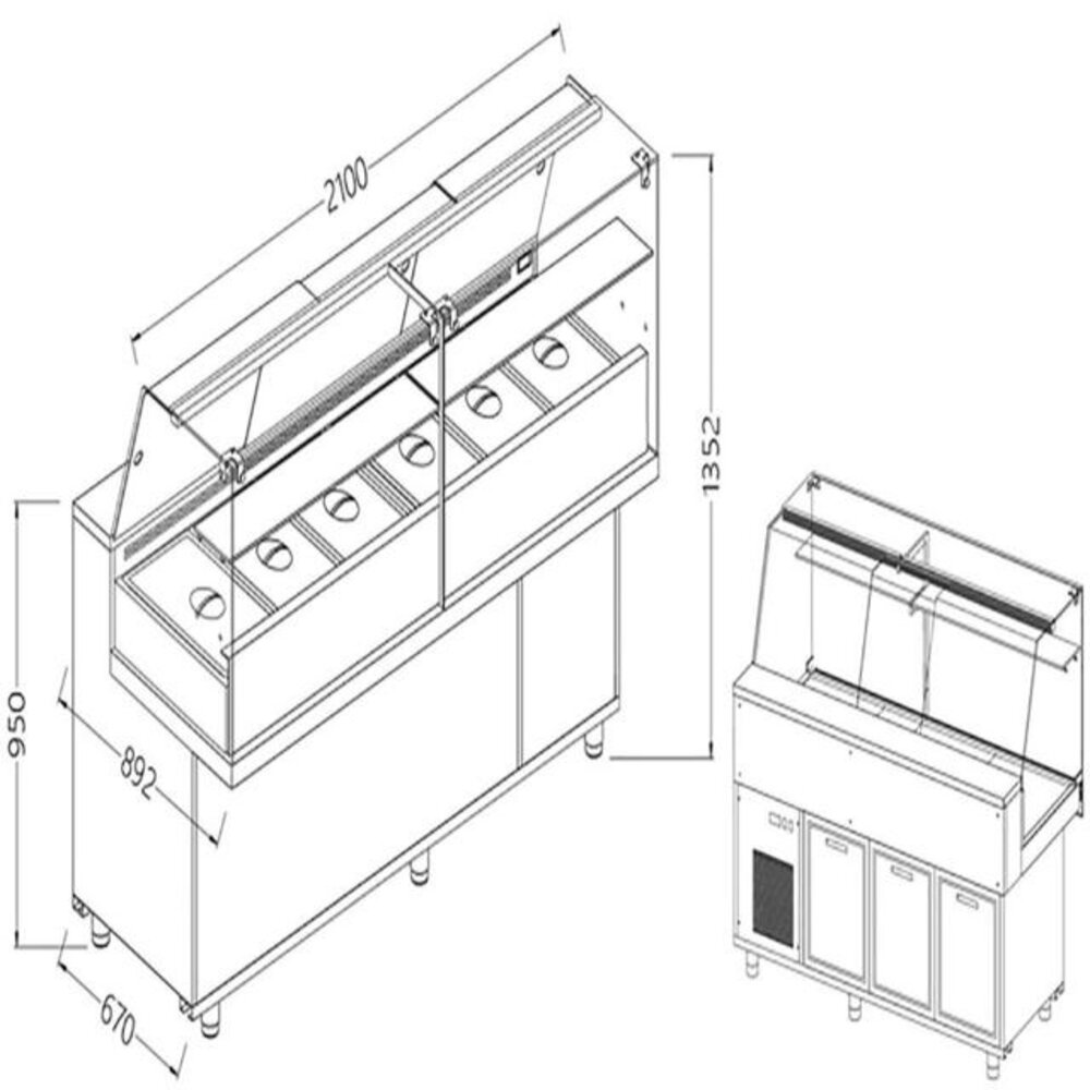 Diamond Toonbank vitrine snack saladette met reserve _hoge ruiten, groep op afstand | VA21XGR/R