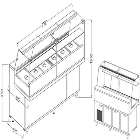 Diamond Toonbank vitrine snack saladette met reserve _hoge ruiten, groep op afstand | VA21XGR/R