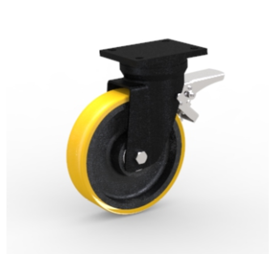 Heavy duty Swivel caster brake from Welded steel housing, plate fitting, Vulcanized Polyurethane tread, precision ball bearing, Wheel-Ø 125mm, 400KG