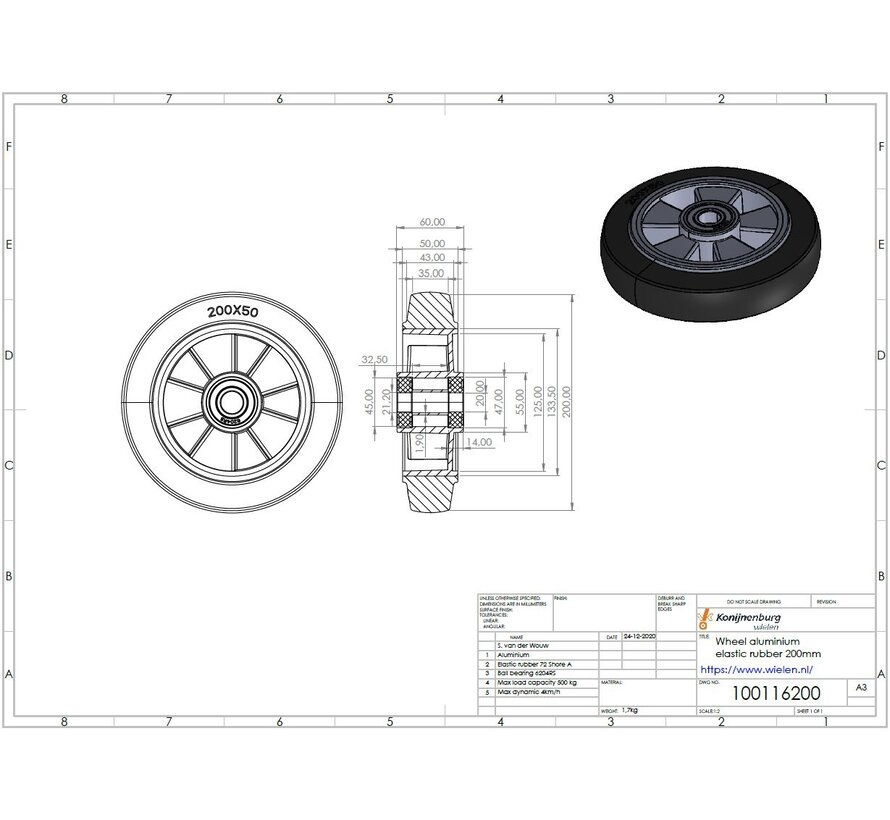 Industrial Wheel from elastic-tyre, precision ball bearing, Wheel-Ø 200mm, 400KG