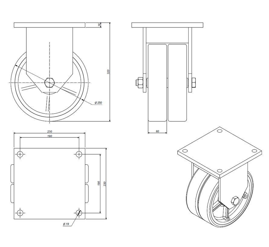 bokwiel, Ø 250mm, opgevulkaniseerde polyurethaanband, 2800KG