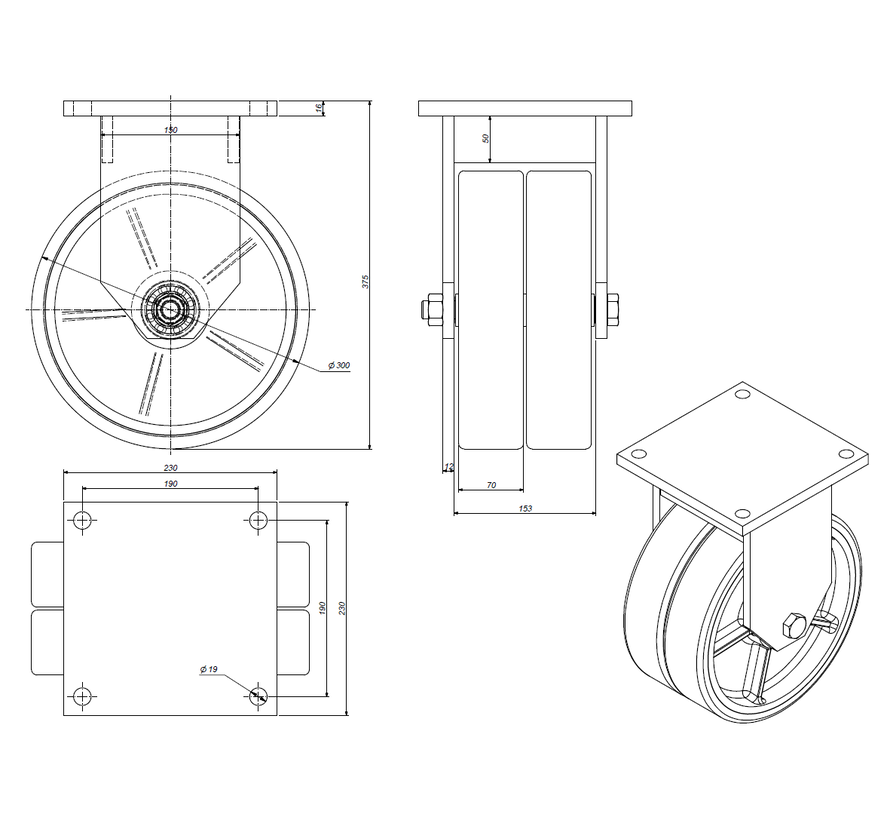 bokwiel, Ø 300mm, opgevulkaniseerde polyurethaanband, 4000KG